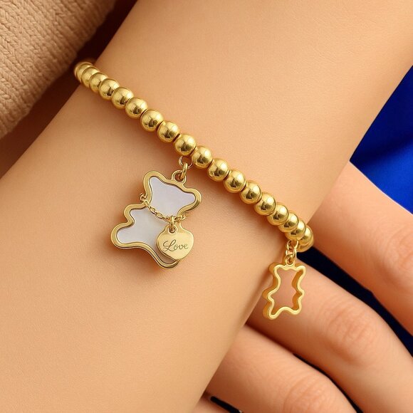 ๐๏ธWhimsical 18K Gold Plated Stainless Steel Bear Charm Beaded Trendy Bracelet - Picture 4 of 11